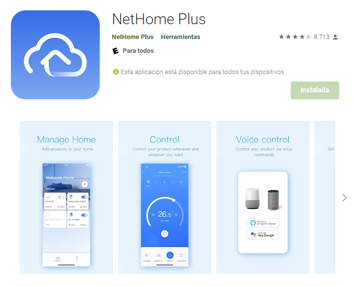 WiFi integrado con NetHome Plus El WiFi viene incorporado de serie, permitiendo controlar el aire acondicionado desde un smartphone o tablet mediante la aplicación NetHome Plus. Puedes encender o apagar el equipo, modificar ajustes y controlar la climatización desde cualquier lugar con conexión compatible. Esto permite preparar la estancia antes de llegar a casa y conseguir que la temperatura deseada te esté esperando.